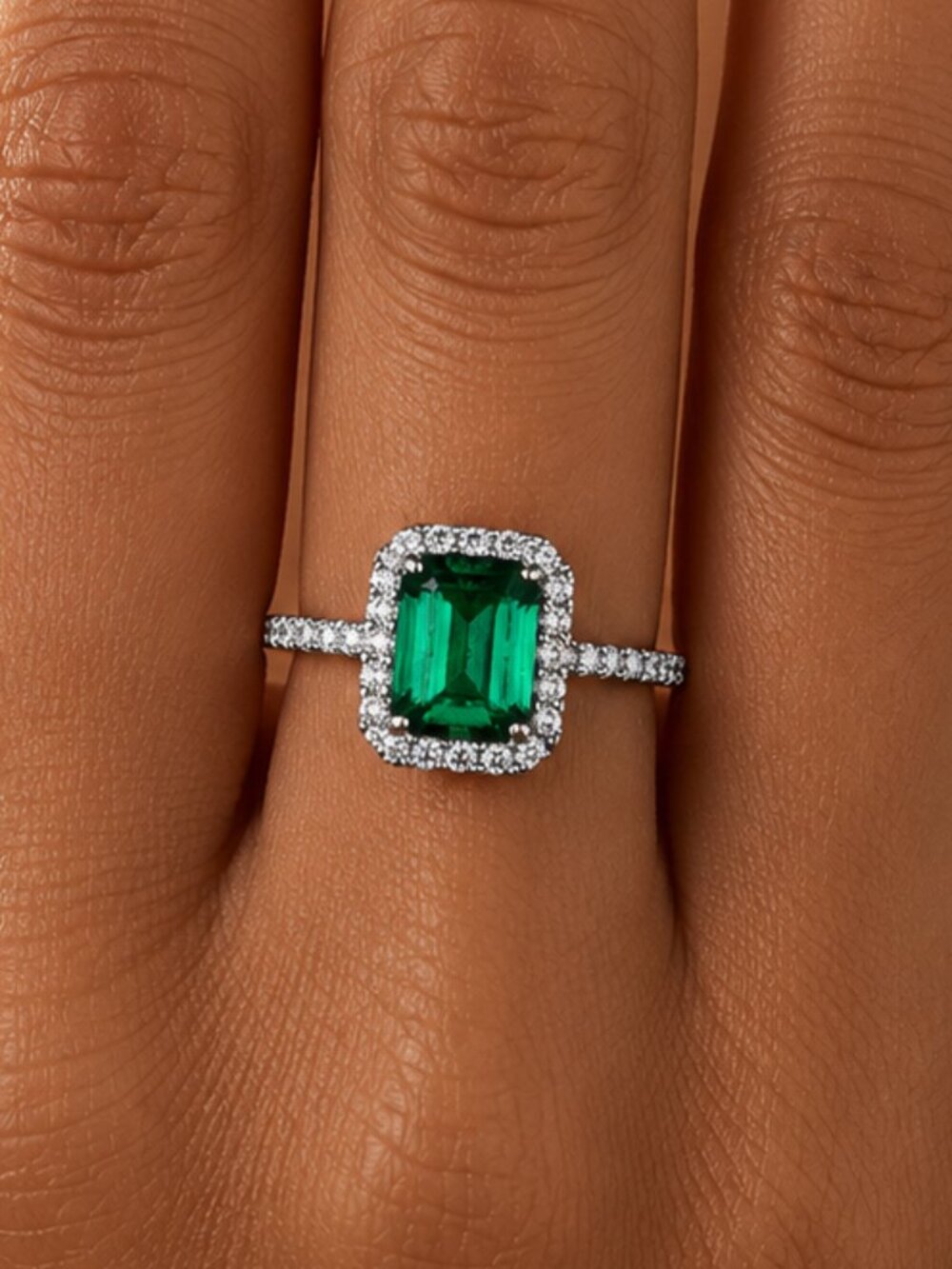 18k White Gold Emerald Green Diamond Ring Rectangle Emerald Cut Ring